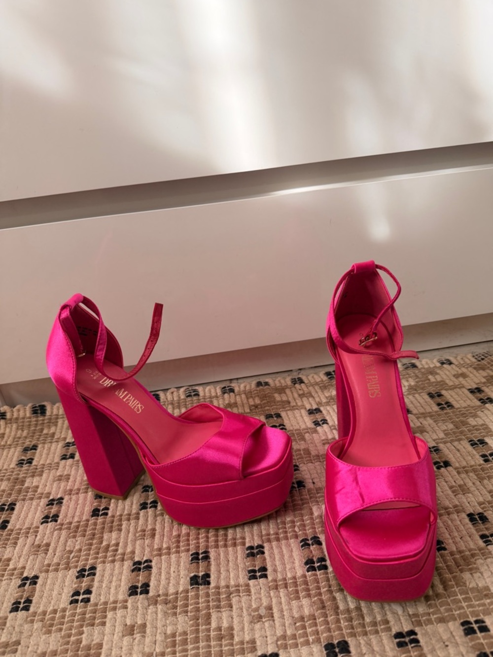 Dream Pairs Hot Pink Satin Platform Block Heels
